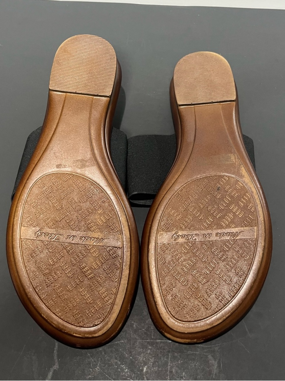 Italian Shoe Maker Tan Black Gold Stretch Women's Slip in Slide Thong Sandals - Picture 8 of 9